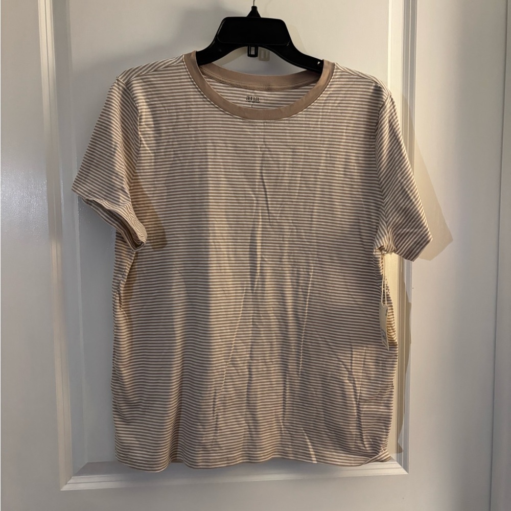 A.N.A Striped Beige Crewneck T-Shirt Sz L NWT